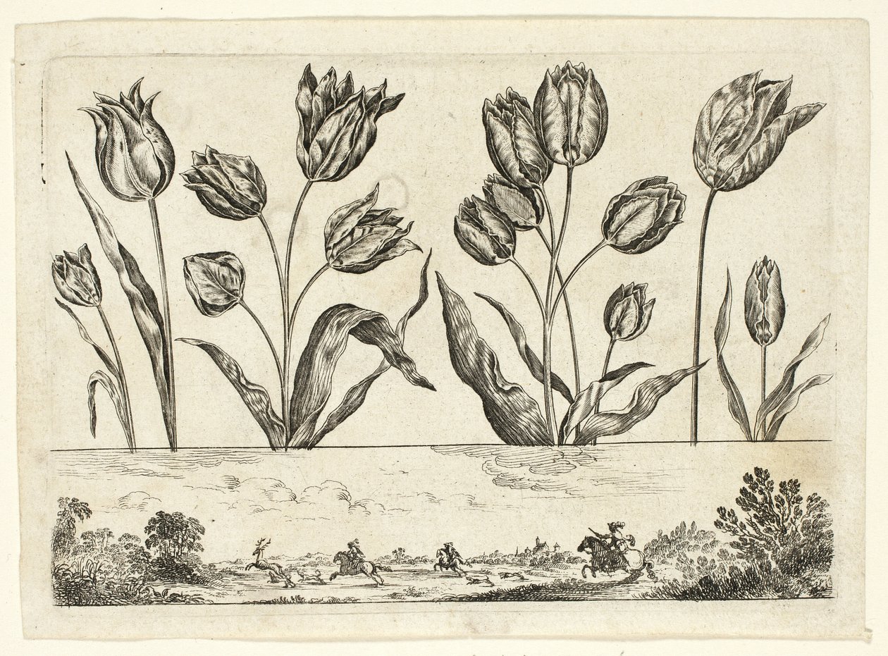 Bloemen en Jachtscène, uit Livre Nouveau de Fleurs... door Nicolas Cochin