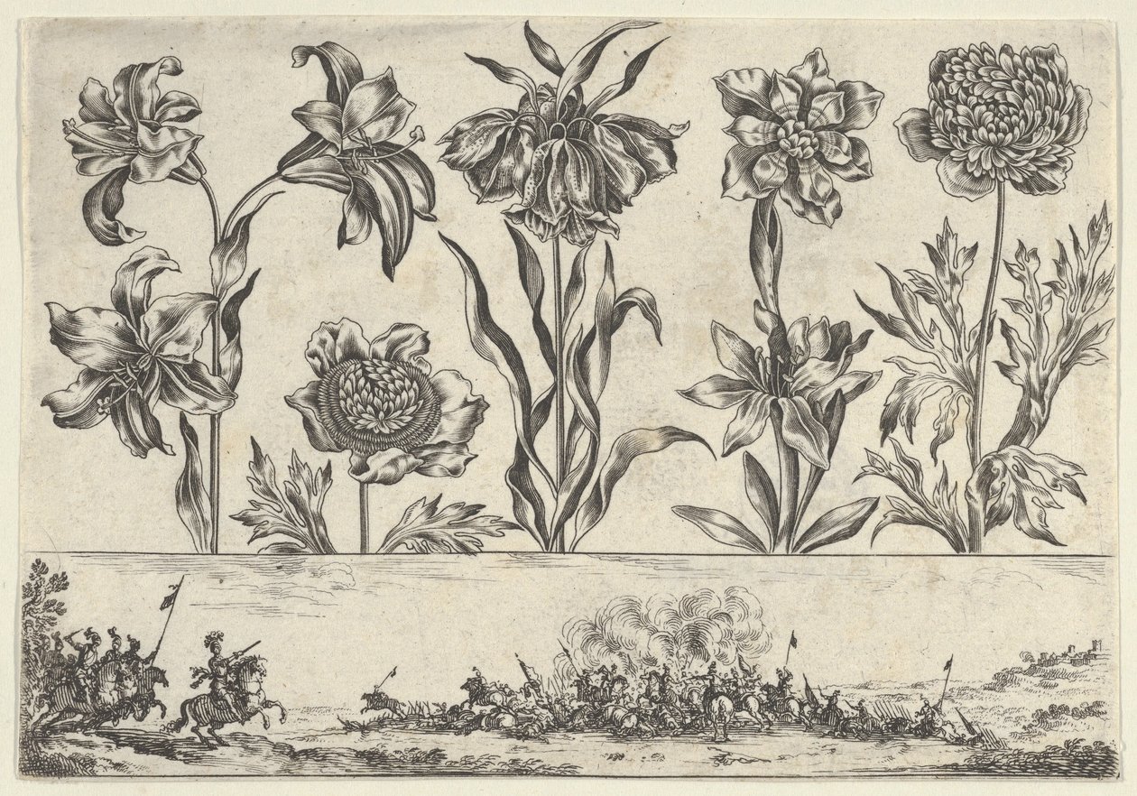 Horizontaal paneel met een rij bloemen boven een fries met een gevechtsscène in een landschap, 1645 door Nicolas Cochin