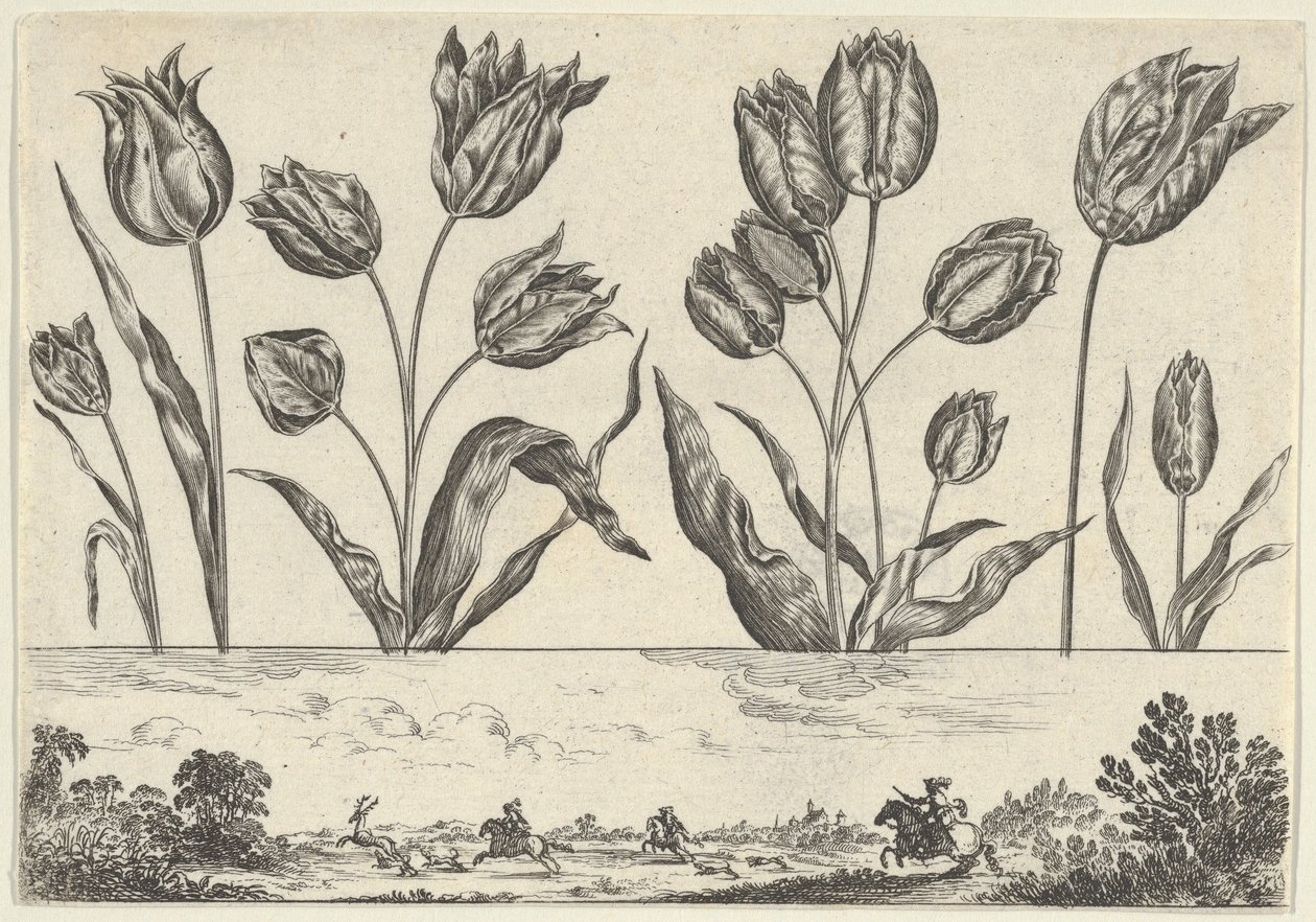 Horizontaal paneel met een rij bloemen boven een fries met een jachtscène in een landschap, 1645 door Nicolas Cochin