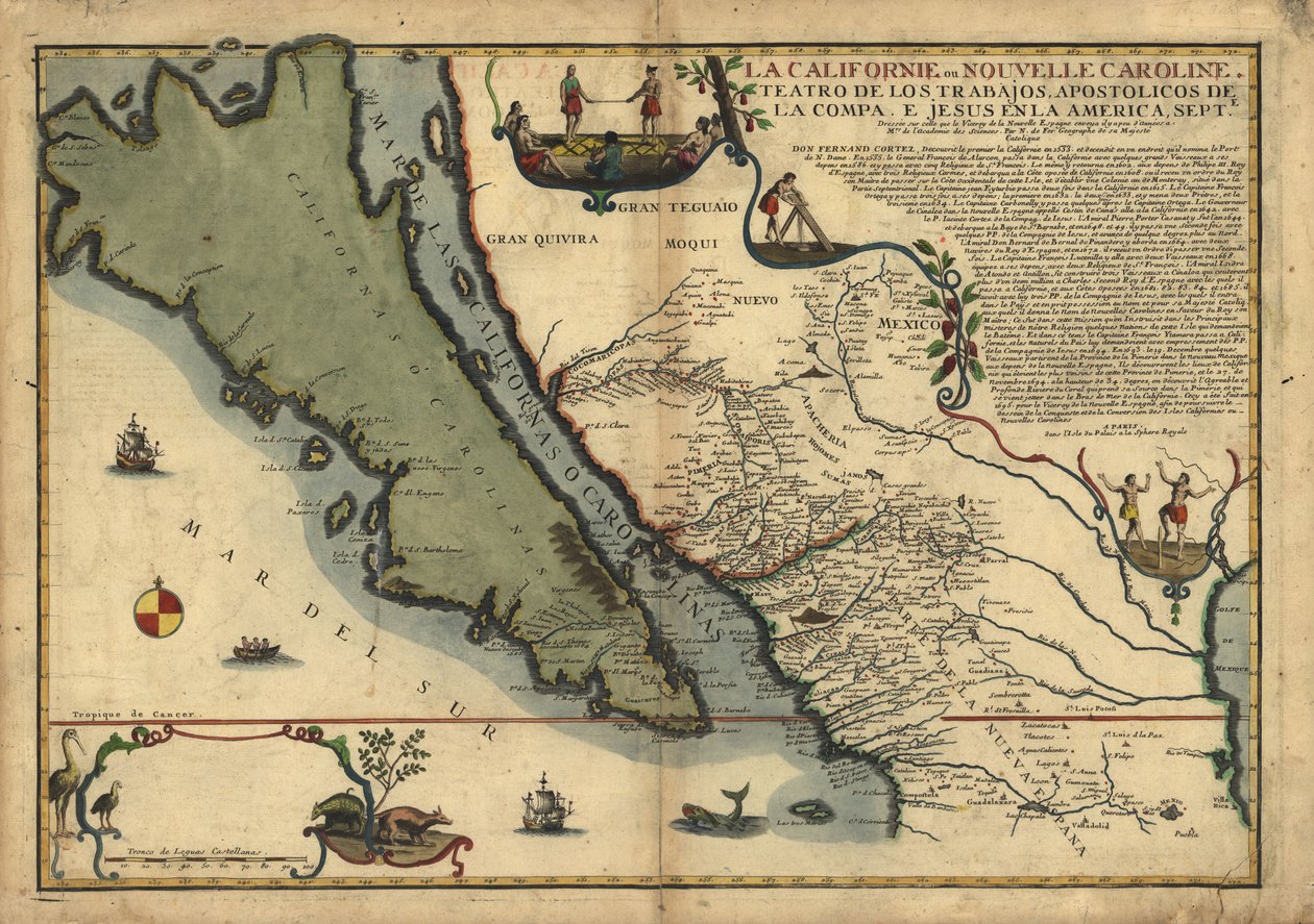 La Californie ou Nouvelle Caroline - theater van de werken, Apostolische werken van de Compa. e Jesus in America Septe. LOC 96686640 door Nicolas de Fer