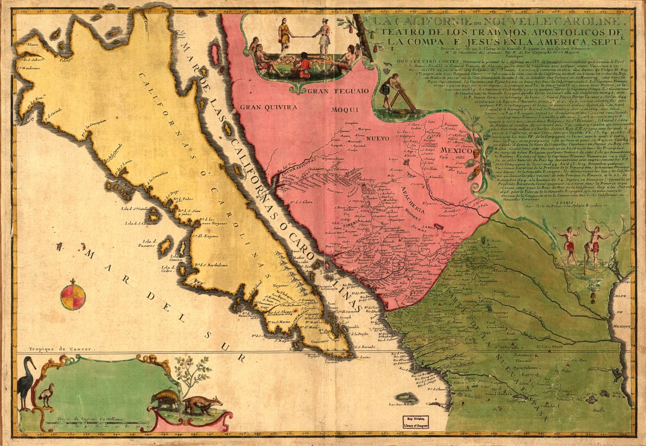 La Californie ou Nouvelle Caroline - theater van de werken, Apostolische werken van de Compa. e Jesus in America Septe. LOC 98687119 door Nicolas de Fer