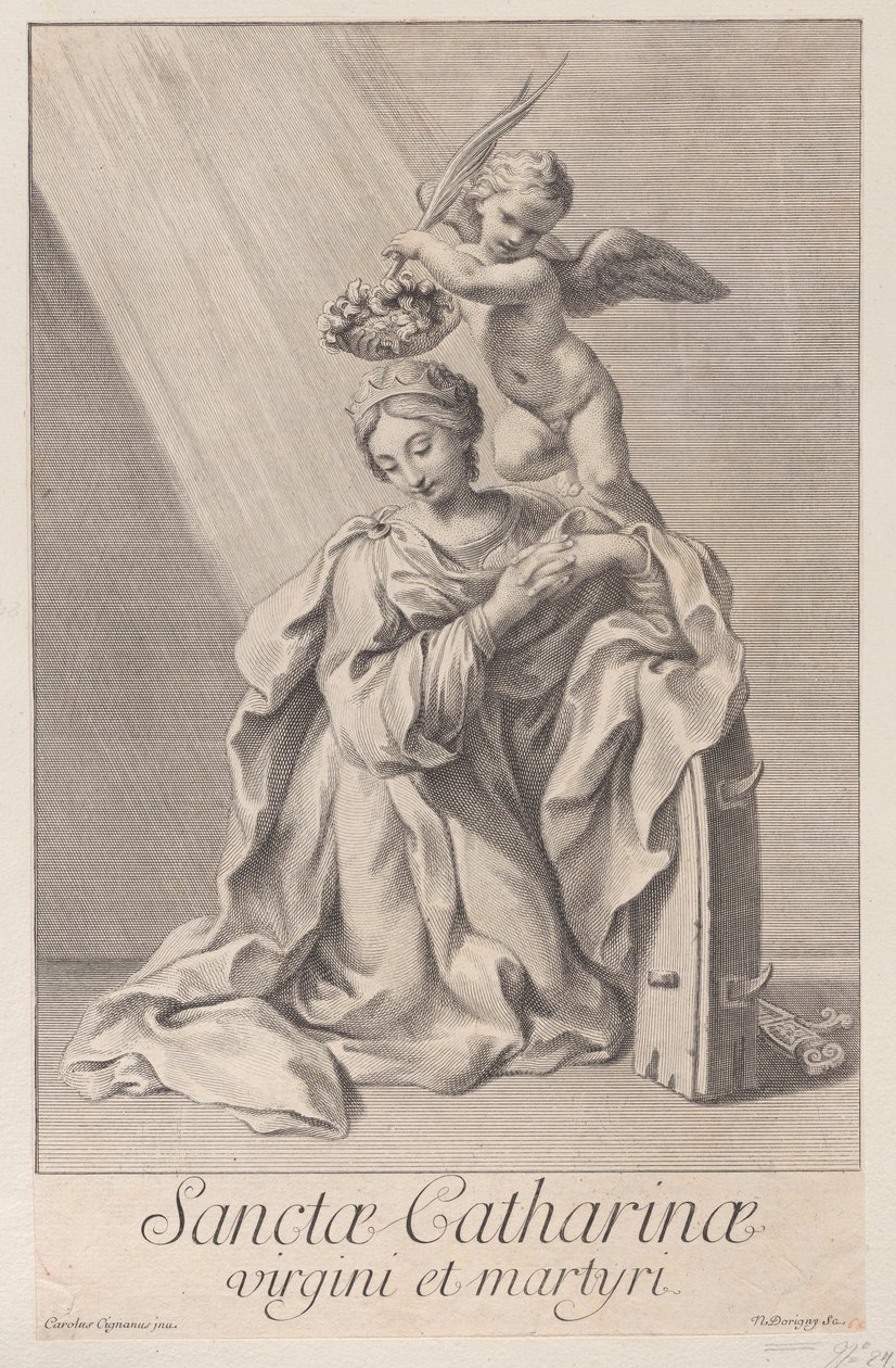 Sint Catharina van Alexandrië, knielend met haar elleboog rustend op het spijkerwiel door Nicolas Dorigny