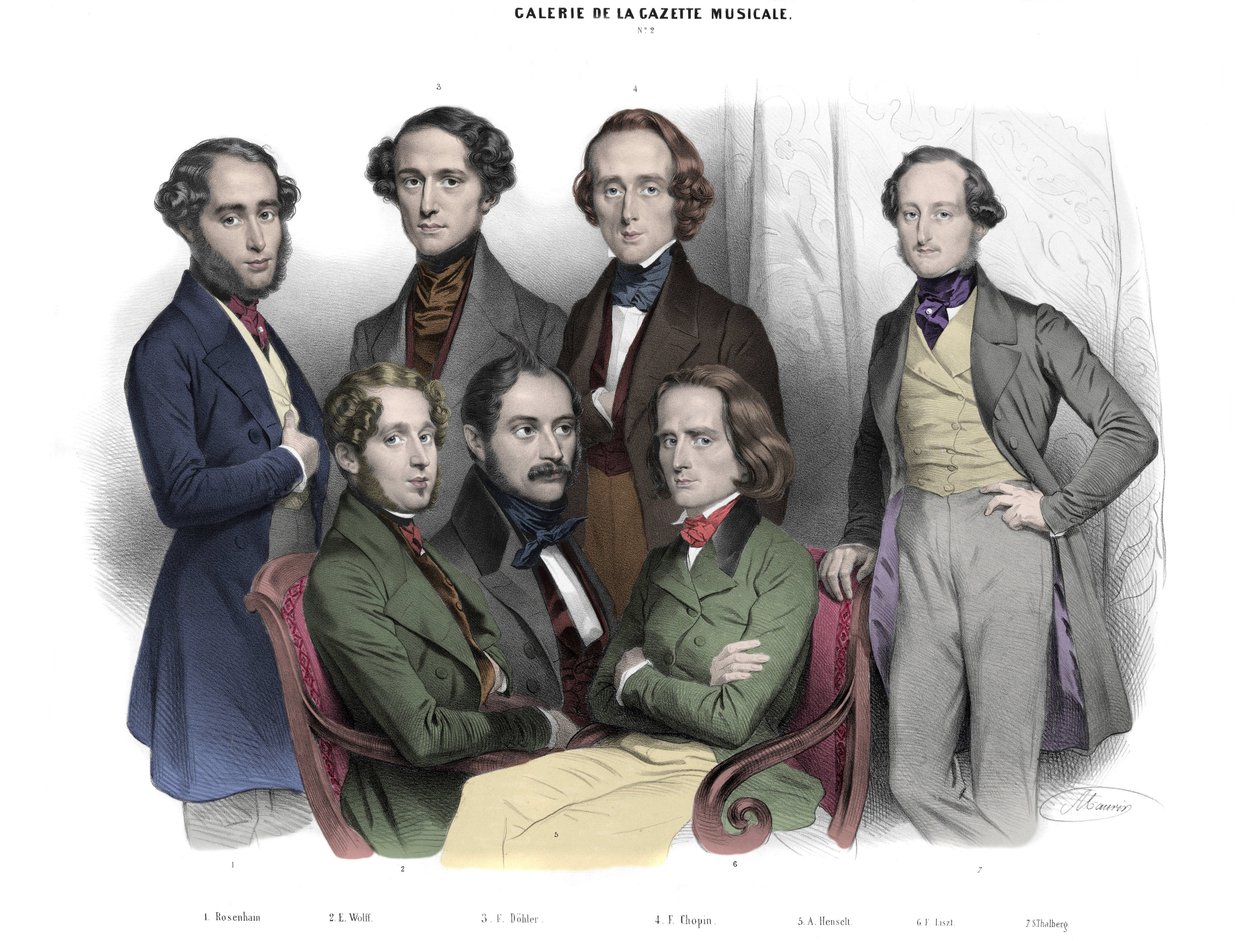 Galerie de la Gazette musicale N. 2. Beroemdheden van 1842: Frédéric Chopin, Franz Liszt, Jacob Rosenhain, Edouard Wolff, Sigismund Thalberg, Adolf von Henselt, Theodor Döhler. Gravure door Nicolas door Nicolas Eustache Maurin