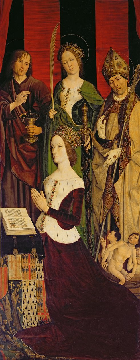 Drieluik van Mozes en de Brandende Braamstruik, rechterpaneel met Jeanne de Laval (overleden 1498) met St. Johannes, St. Catharina en St. Nicolaas, c.1476 door Nicolas Froment