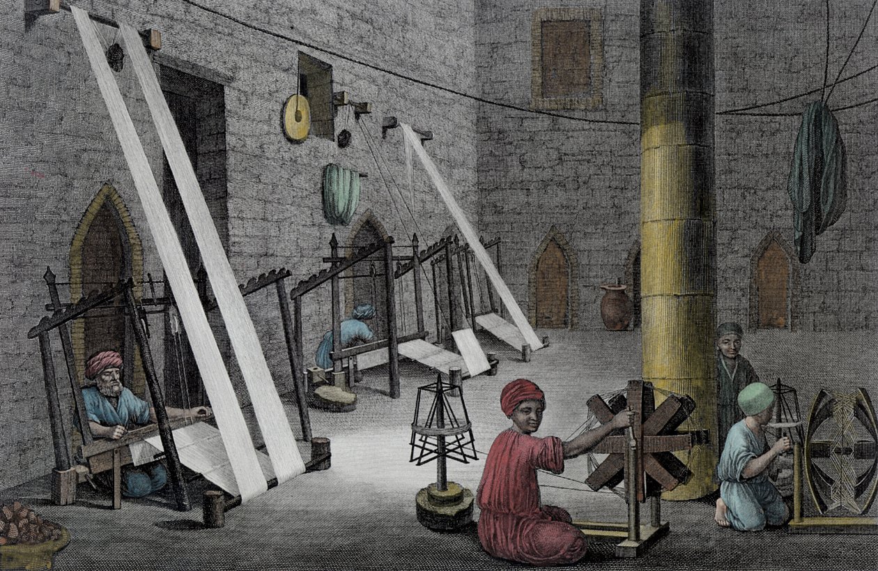 Interieur van een weverswerkplaats, uit Volume II Kunsten en Ambachten van 
