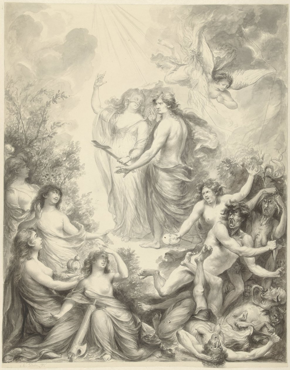Allegorie waarin Geloof een man het juiste pad wijst door Nicolas Joseph Delin