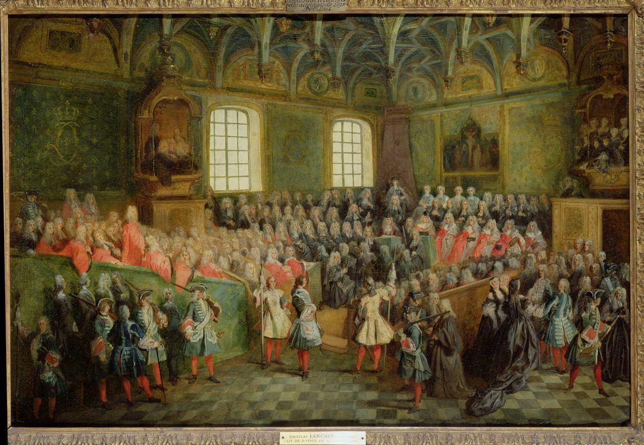 Bed van Justitie gehouden in het Parlement bij de meerderjarigheid van Lodewijk XV (1710-74), 22 februari 1723 door Nicolas Lancret