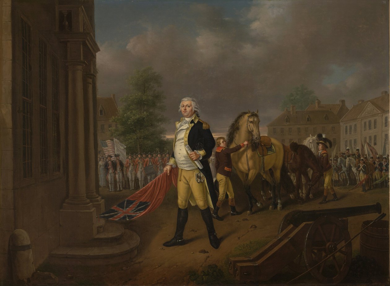 Generaal Humphreys levert de standaarden die bij Yorktown zijn genomen af in Congress Hall, Philadelphia door Nicolas Louis Albert Delerive