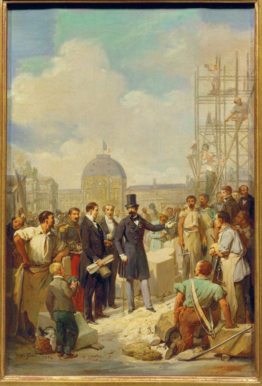 Napoleon III bezoekt de bouwplaats van het Nieuwe Louvre door Nicolas Louis Francois Gosse