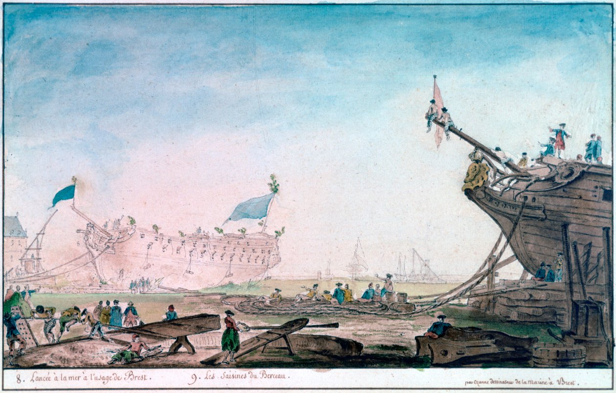 Te water laten van een schip in Brest, ca. 1750-1810 door Nicolas Marie Ozanne
