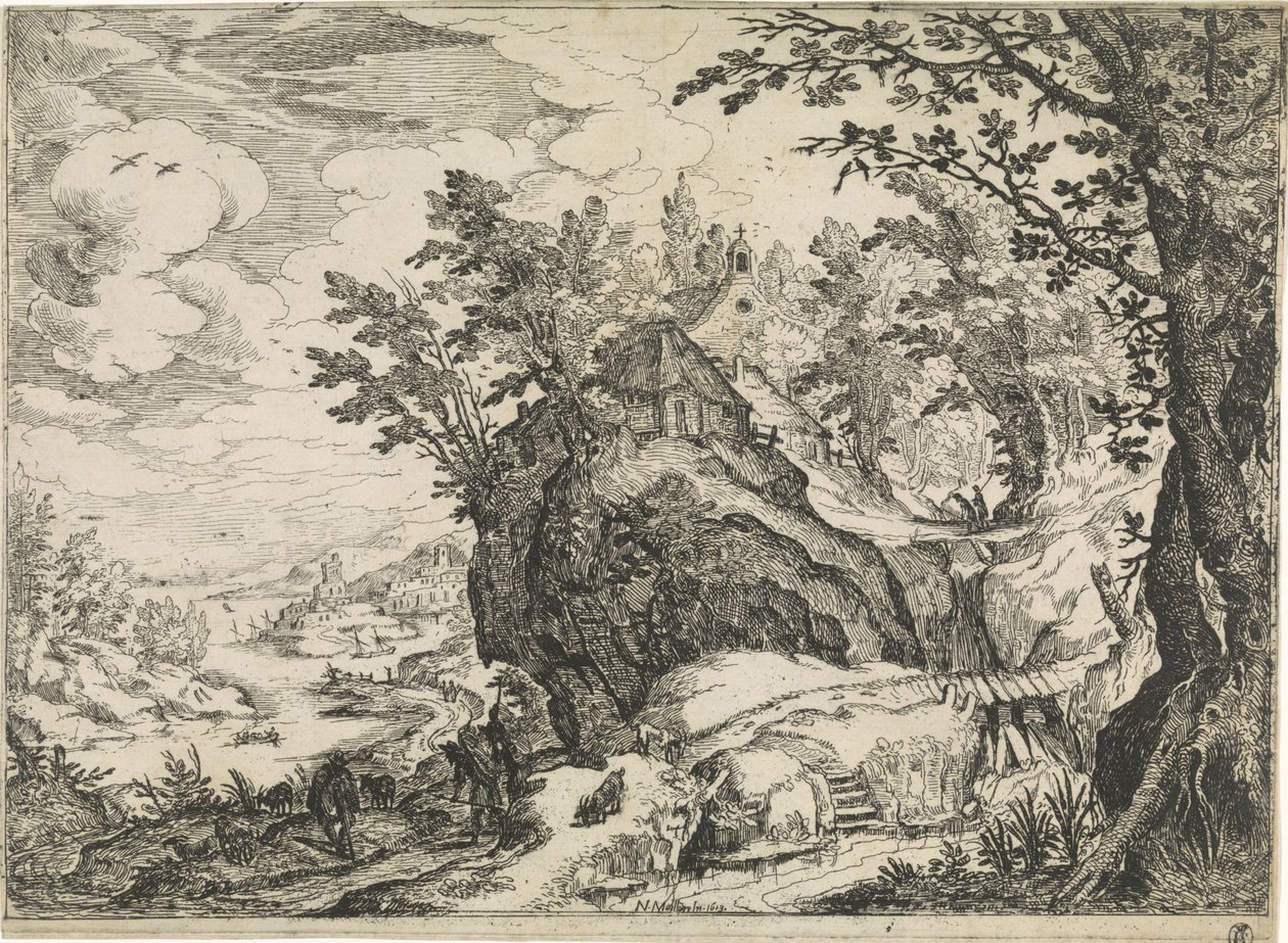 Berglandschap met een kerk door Nicolas Moillon