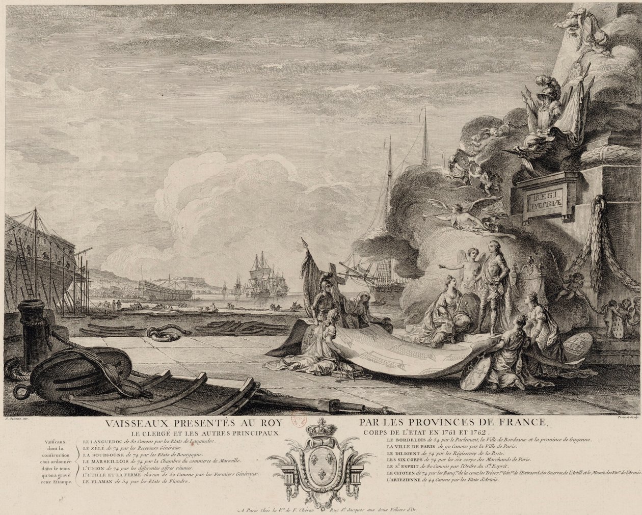 Allegorische gravure van de schenking van schepen circa 1762 door Nicolas Ozanne