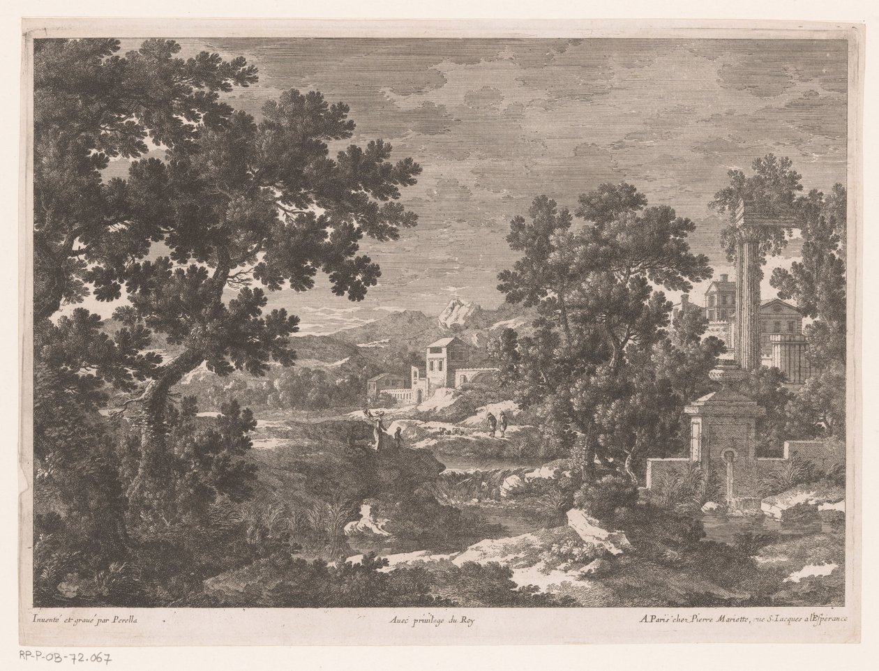 Landschap met antieke bron bij rivier door Nicolas Perelle