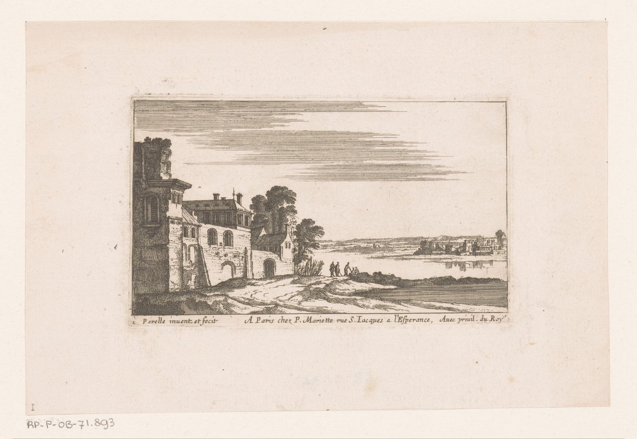 Landschap met gebouwen bij rivier door Nicolas Perelle