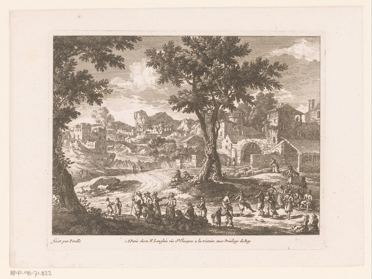 Landschap met groep dansende en pratende mensen door Nicolas Perelle