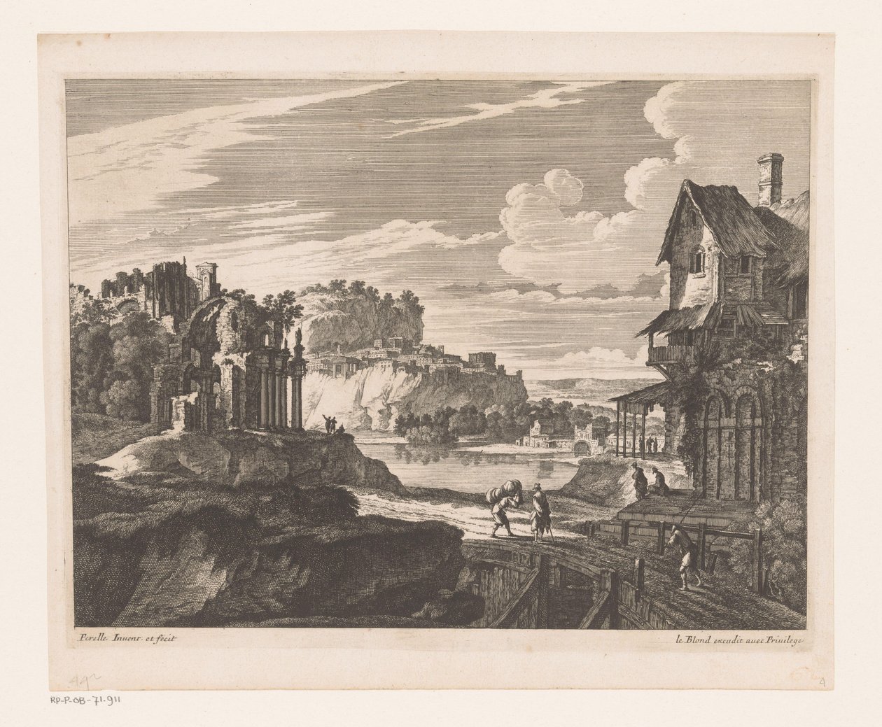 Landschap met huizen en ruïnes langs rivier door Nicolas Perelle