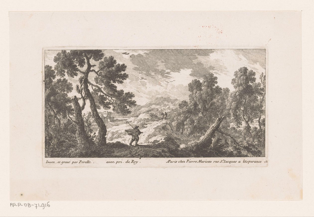 Landschap met man met wapperende mantel door Nicolas Perelle