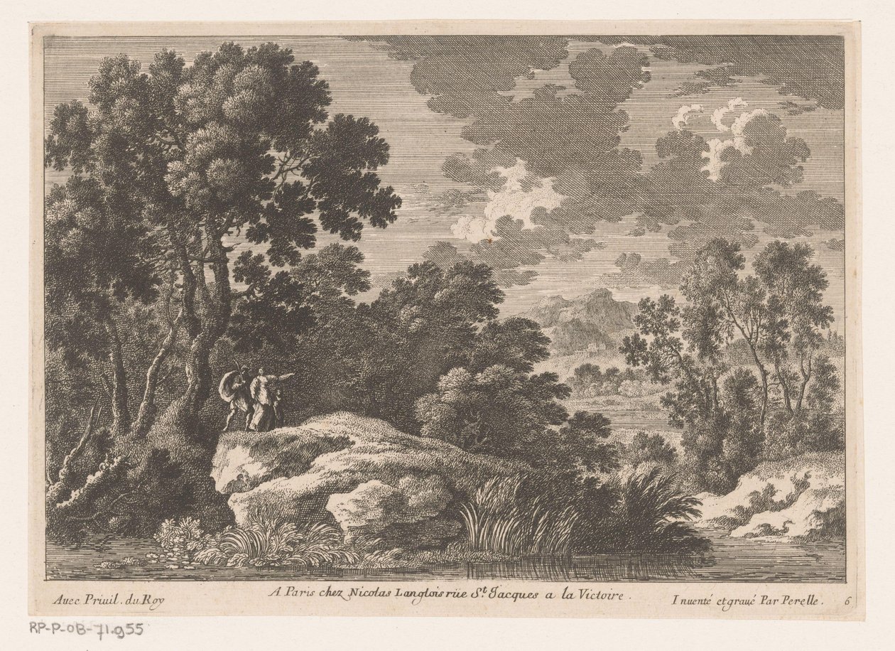 Landschap met man, vrouw en kind op rots bij vijver door Nicolas Perelle