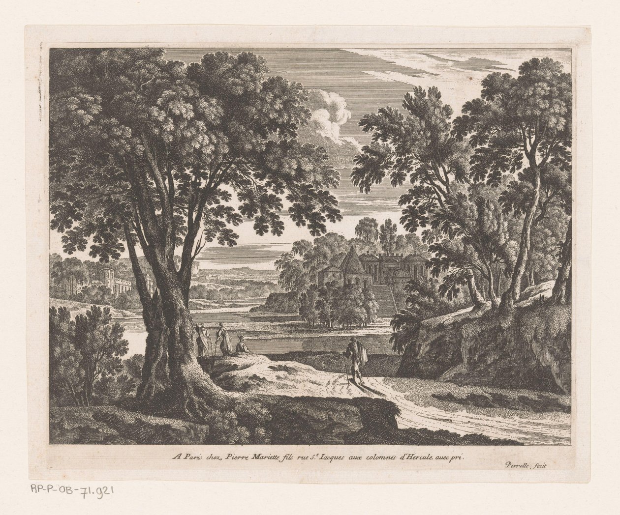 Landschap met rivier en wandelaars door Nicolas Perelle
