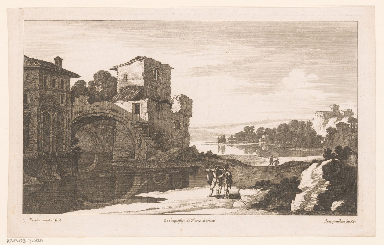 Rivierlandschap met ruïne met boogbrug door Nicolas Perelle