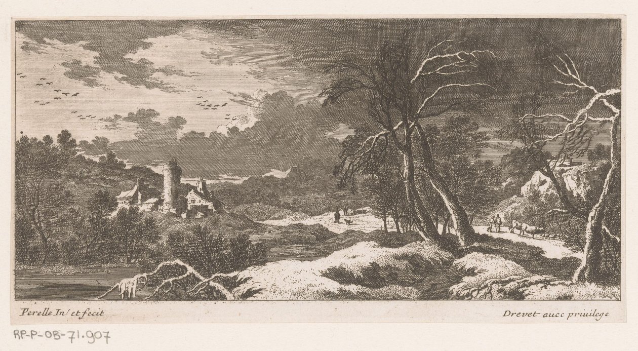 Winterlandschap met huizen en toren door Nicolas Perelle