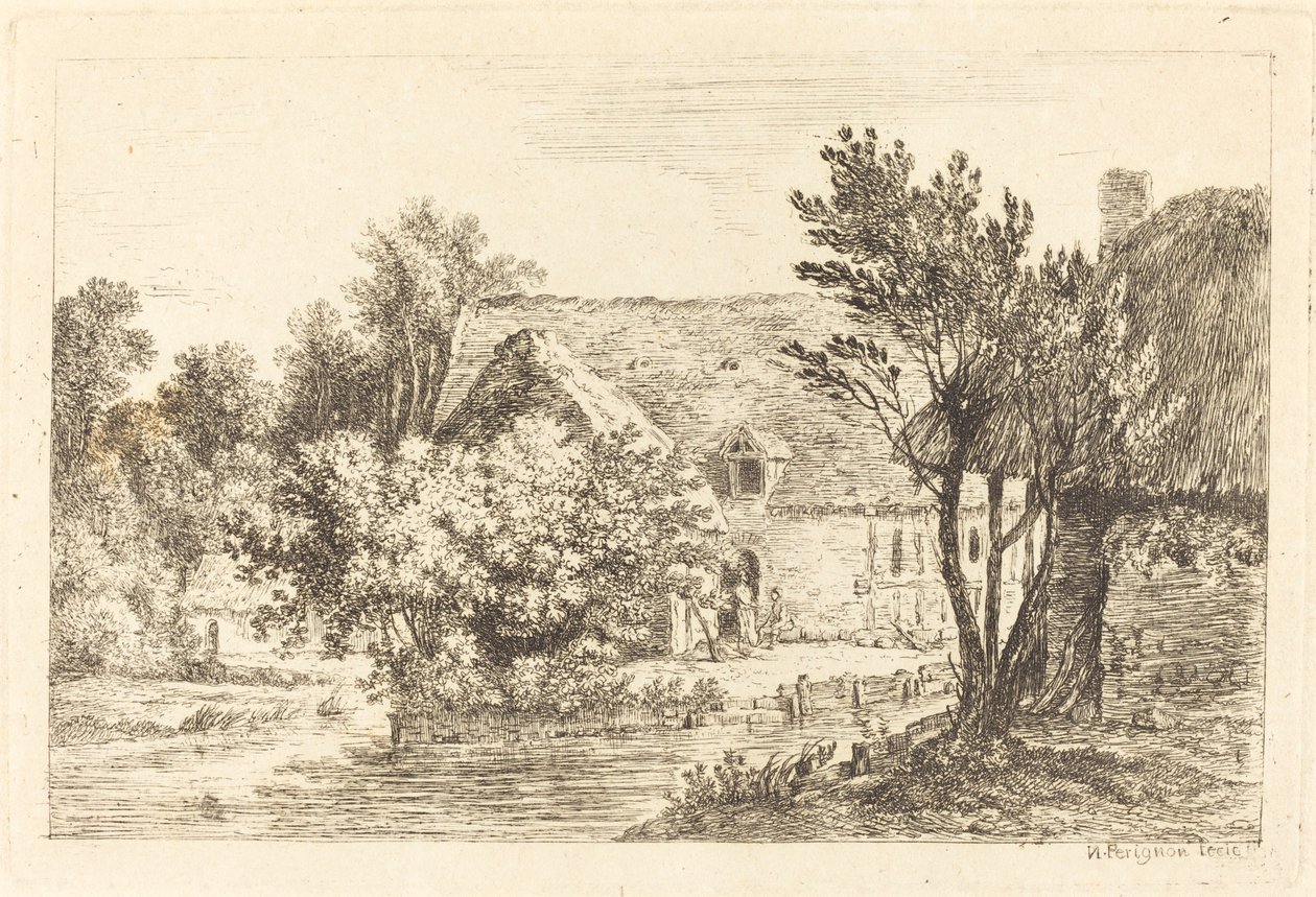 Een Huis en een Schaduwrijk Huisje aan de Oever van een Rivier door Nicolas Perignon