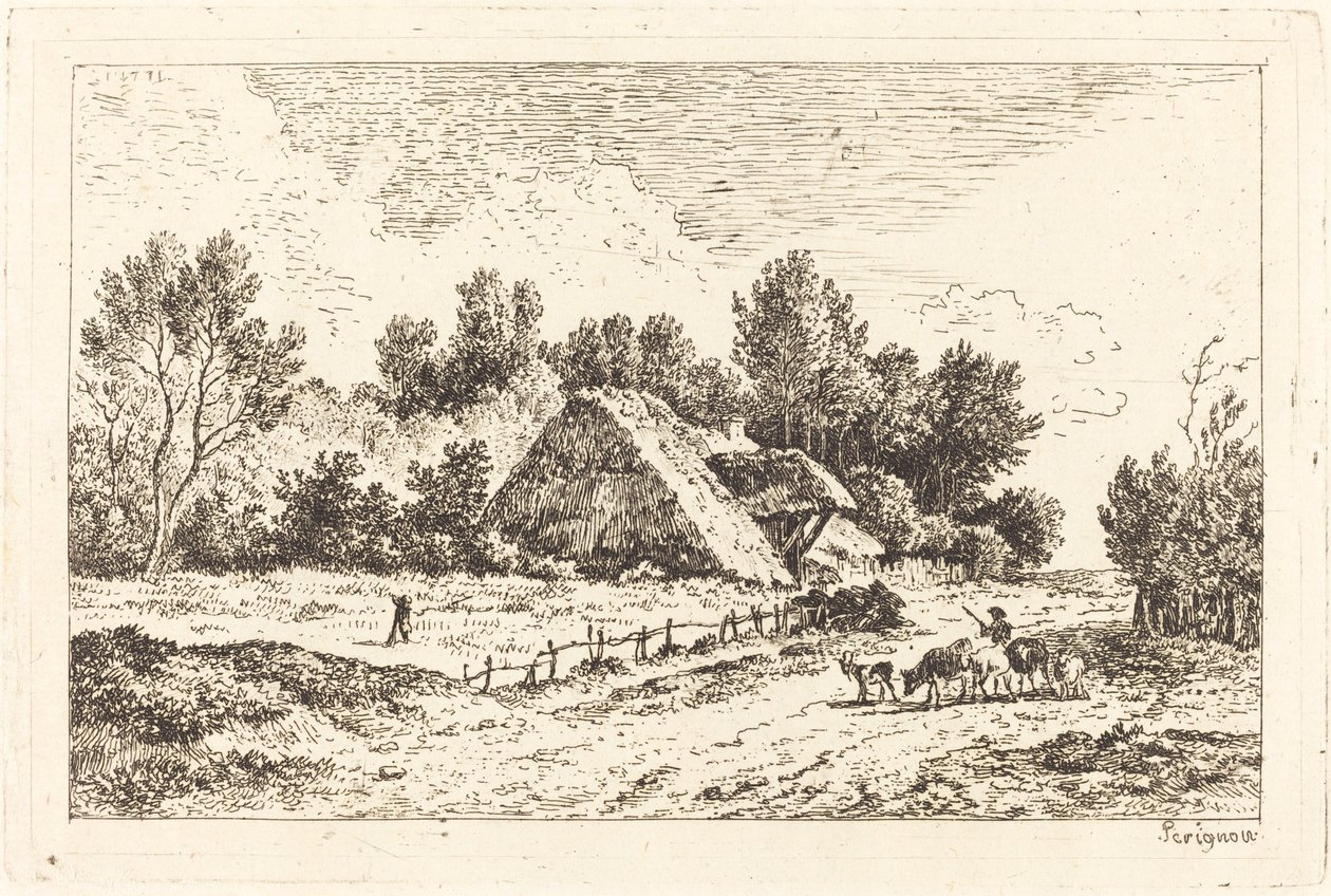 Een Laag Huisje met een Herder die Zijn Kudde Leidt door Nicolas Perignon