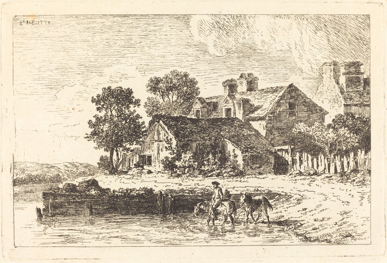 Paarden worden naar het water geleid aan een kronkelende rivier door Nicolas Perignon