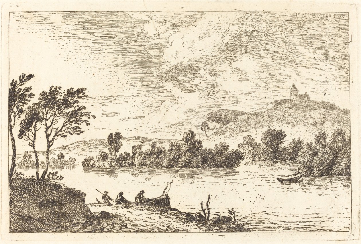 Rivierlandschap met Figuren en een Boot aan de Waterkant door Nicolas Perignon