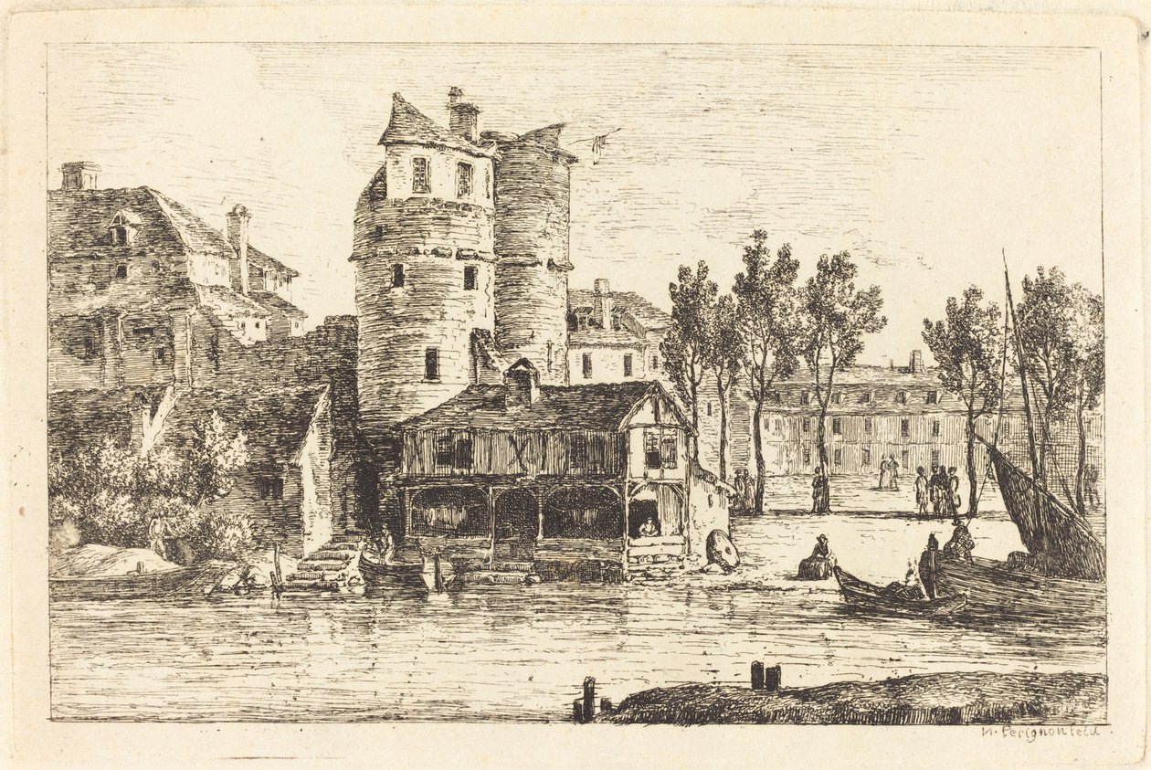 Stad aan een Rivieroever met Twee Ronde Torens door Nicolas Perignon