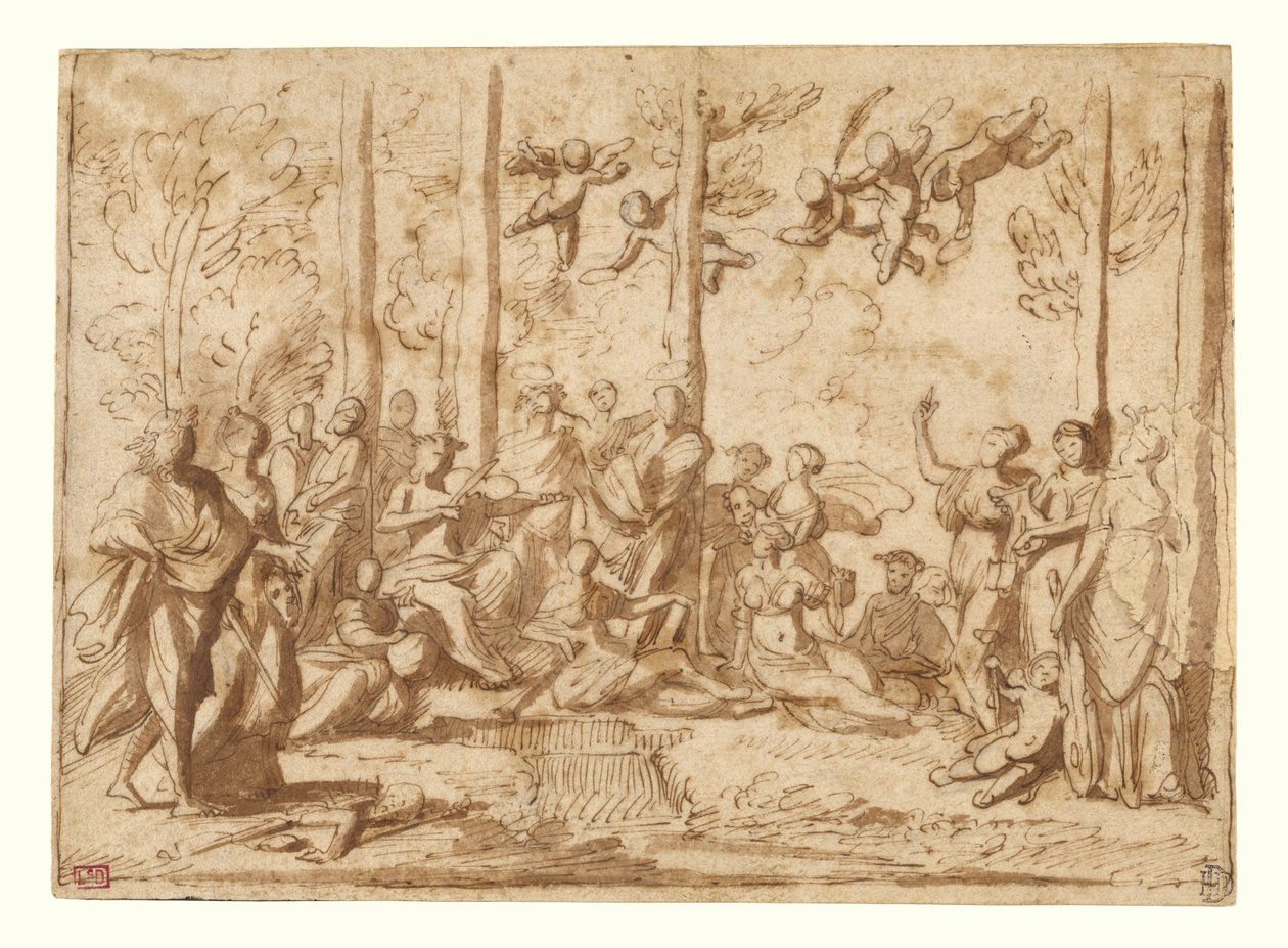 Apollo en de Muzen op de berg Parnassus door Nicolas Poussin