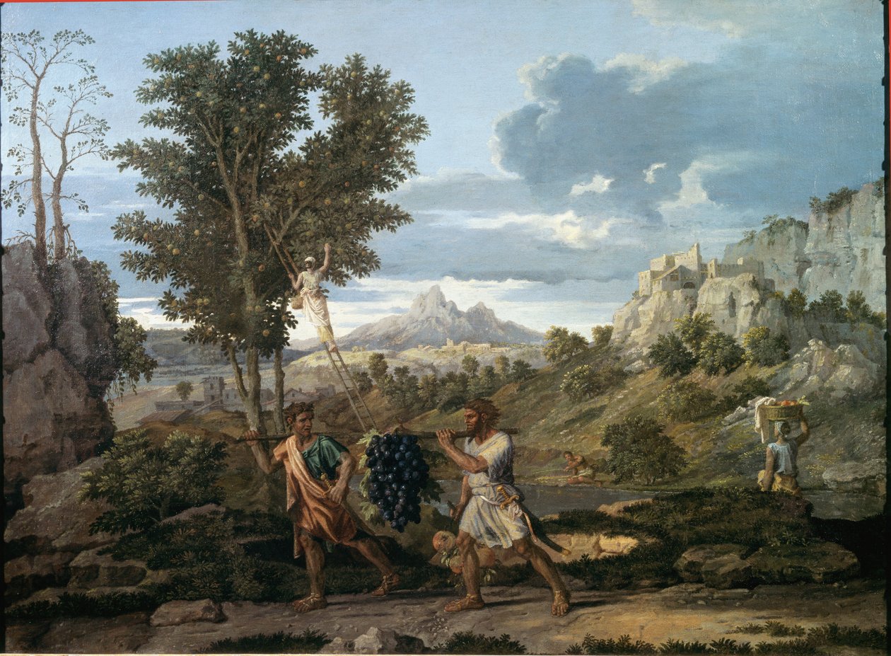 Herfst of de druiventros teruggebracht uit het beloofde land / De terugkeer van Josue en Caleb met een enorme druiventros uit het land Kanaän door Nicolas Poussin