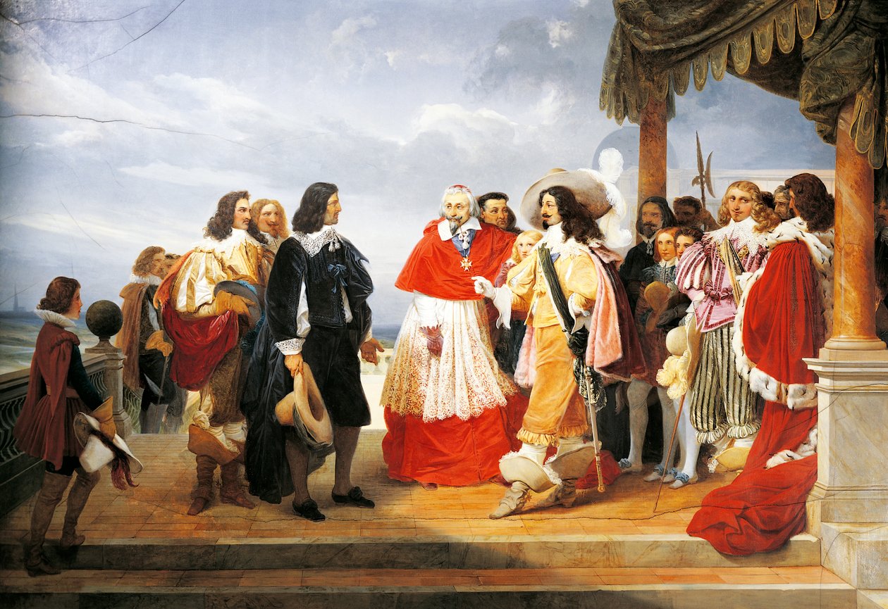 Kardinaal Richelieu presenteert Poussin aan Lodewijk XIII in 1640, detail van schilderij uit 1832 door Jean Alaux (1786-1864), Frankrijk door Nicolas Poussin