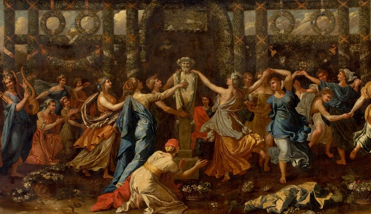 Hymenaios verkleed als vrouw tijdens een offer aan Priapus (detail) door Nicolas Poussin