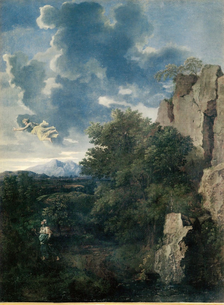 Landschap met Hagar en de engel (schilderij op doek) door Nicolas Poussin