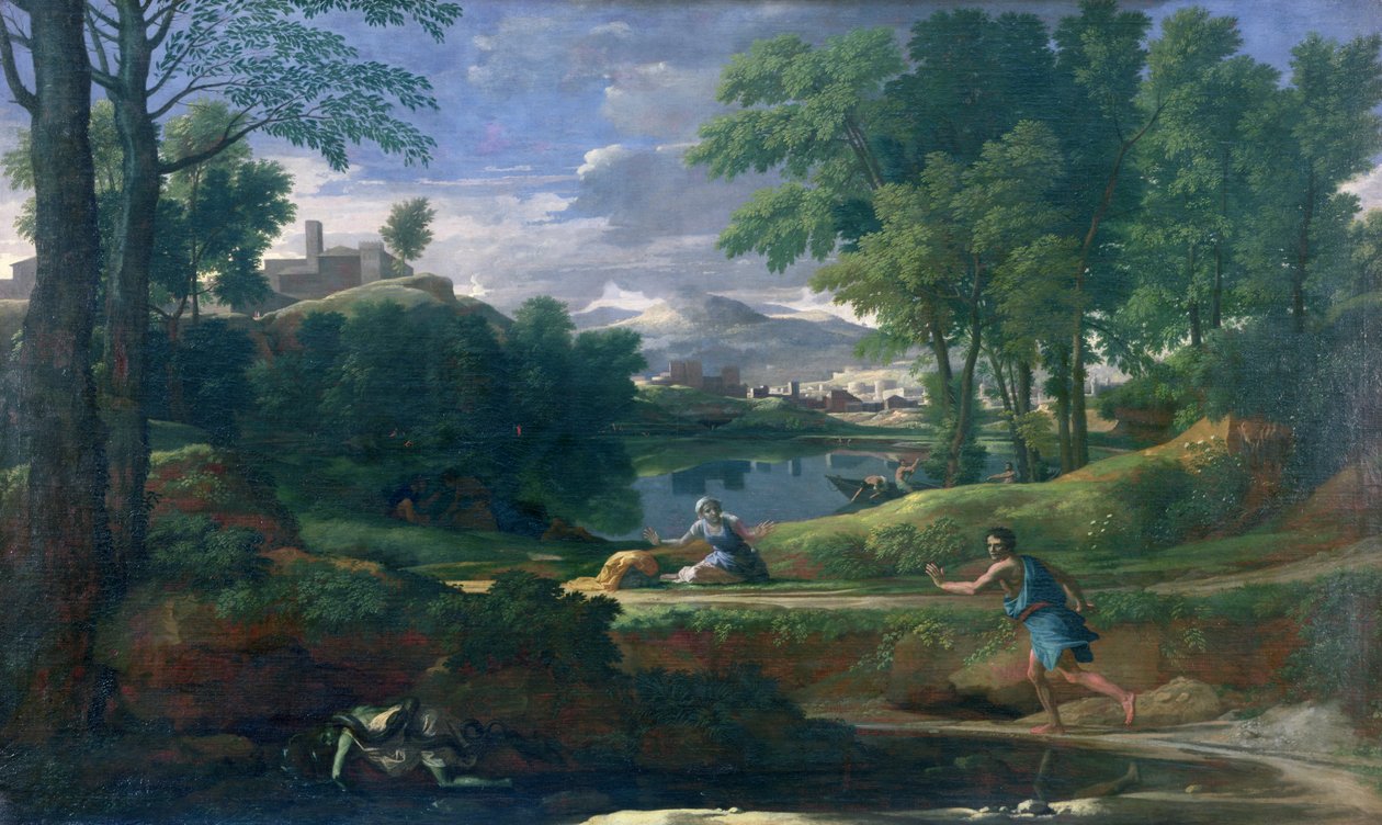 Landschap met een man gedood door een slang, c.1648 door Nicolas Poussin
