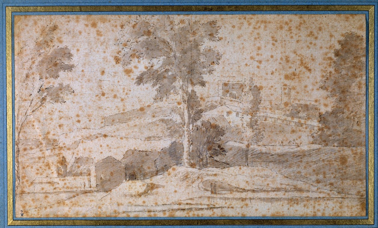 Landschap met een grote boom in het midden en een belvedère door Nicolas Poussin