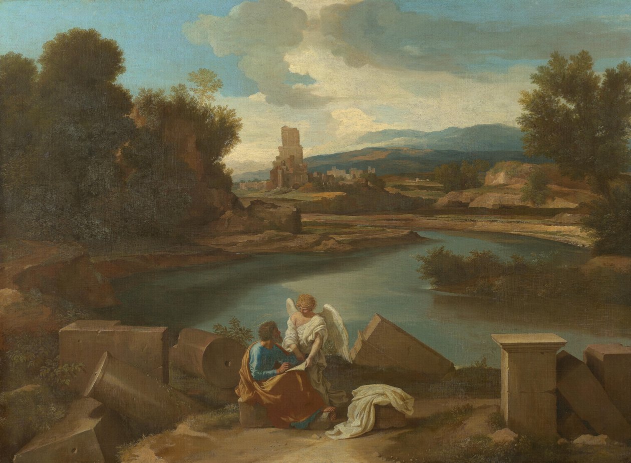 Landschap uit de Romeinse Campagna, met Matteüs en de engel door Nicolas Poussin