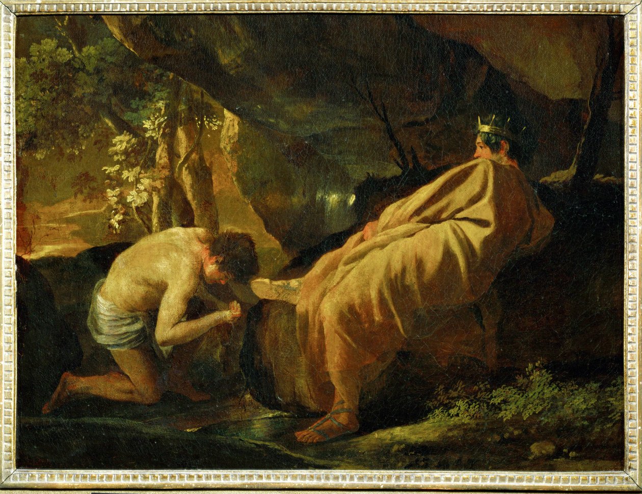 Midas bij de bron van de rivier de Pactole (schilderij op doek) door Nicolas Poussin