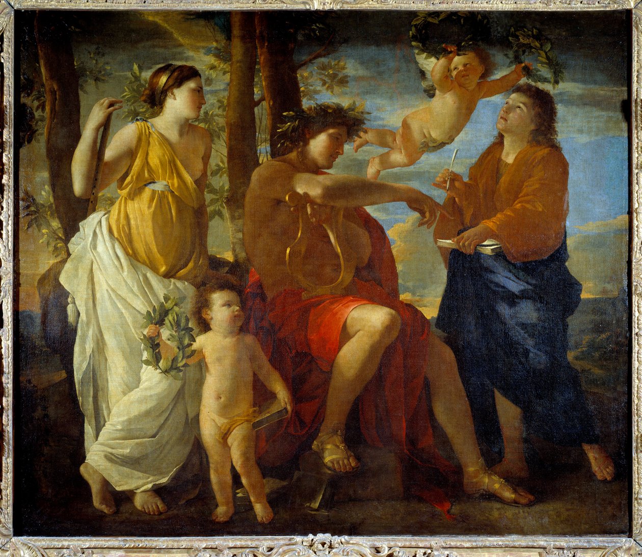 De inspiratie van de dichter, een dichter met een lier in de hand en een lauwerkrans op het hoofd, omringd door Muzen en putti. schilderij door Nicolas Poussin door Nicolas Poussin