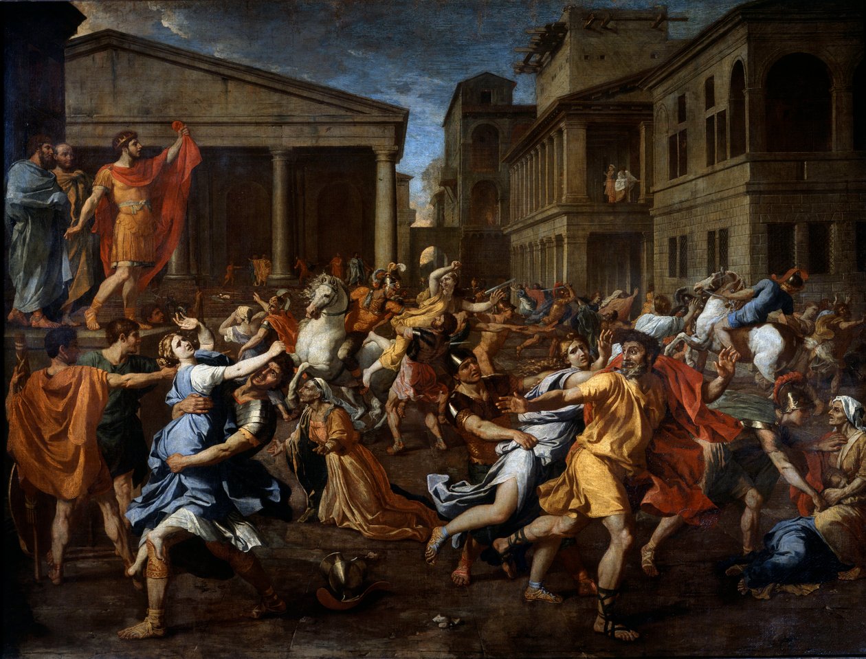De ontvoering van de Sabijnse vrouwen door de Romeinen. Romulus links observeert de scène. Schilderij door Nicolas Poussin door Nicolas Poussin
