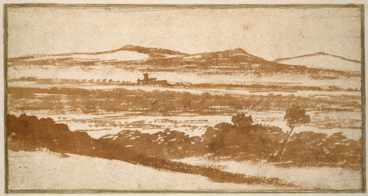 Uitzicht over een vallei naar verre heuvels door Nicolas Poussin