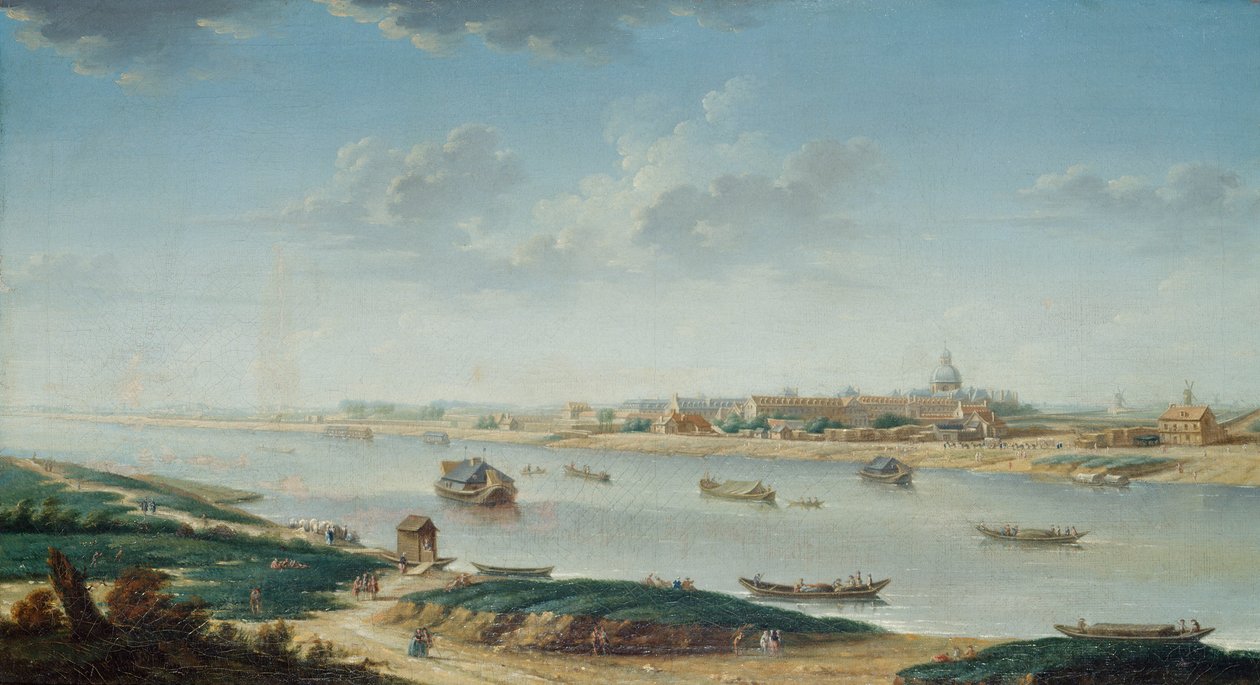 De Salpêtrière gezien vanaf la Rapee, ca.1752 (olieverf op doek) door Nicolas Raguenet