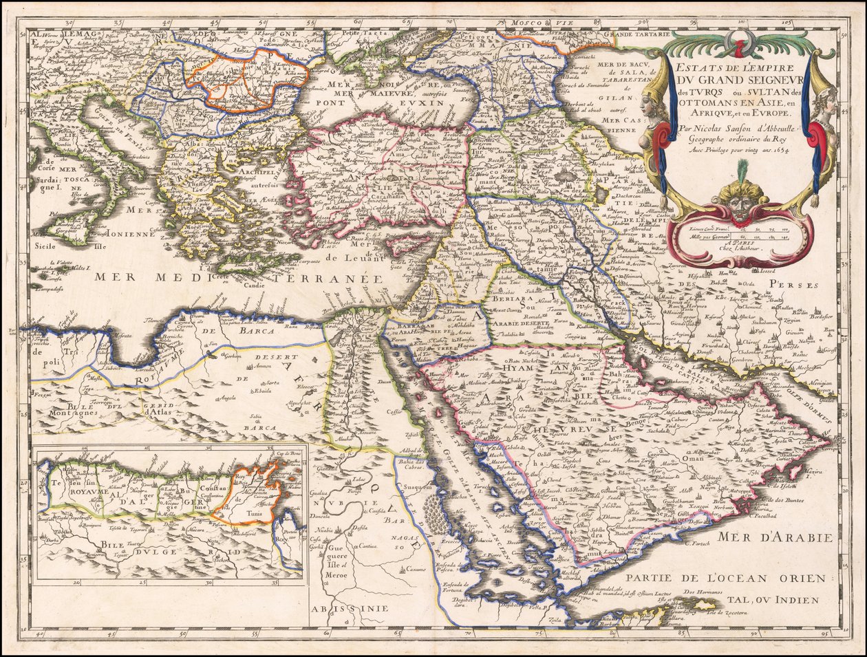 1654 kaart - Landgoederen van het Rijk van de Grote Heer der Turken of Sultan van de Ottomanen in Azië, Afrika en Europa door Nicolas Sanson