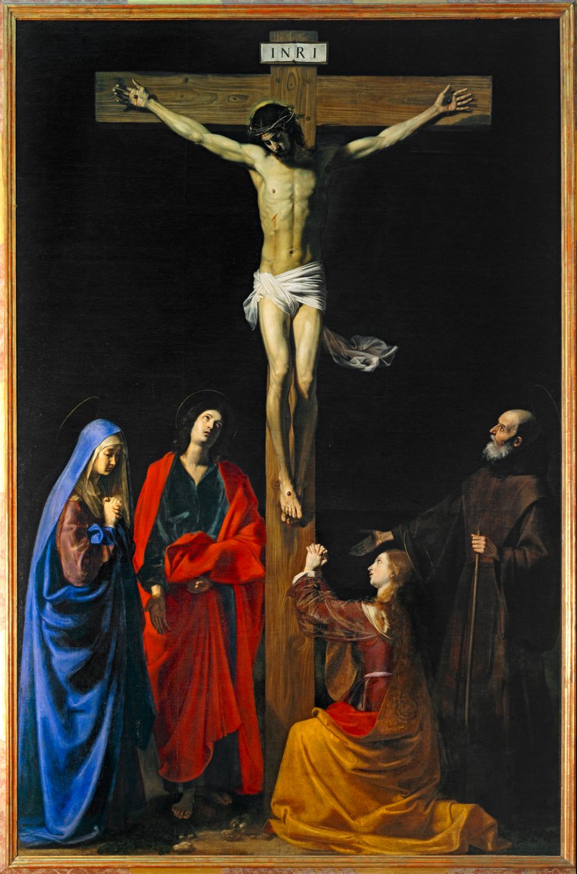 Christus aan het Kruis, Maagd Maria, Magdalena, Sint Jan en Sint Franciscus van Paola - Christus aan het Kruis, Maagd Maria, heiligen Maria Magdalena ... door Nicolas Tournier