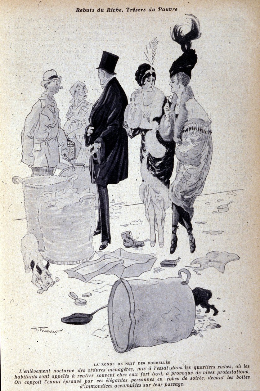 Parijs: afval hoopt zich op in de straat voor elegant geklede mensen. Illustratie van de Franse pers door H. Tournier door Nicolas Tournier