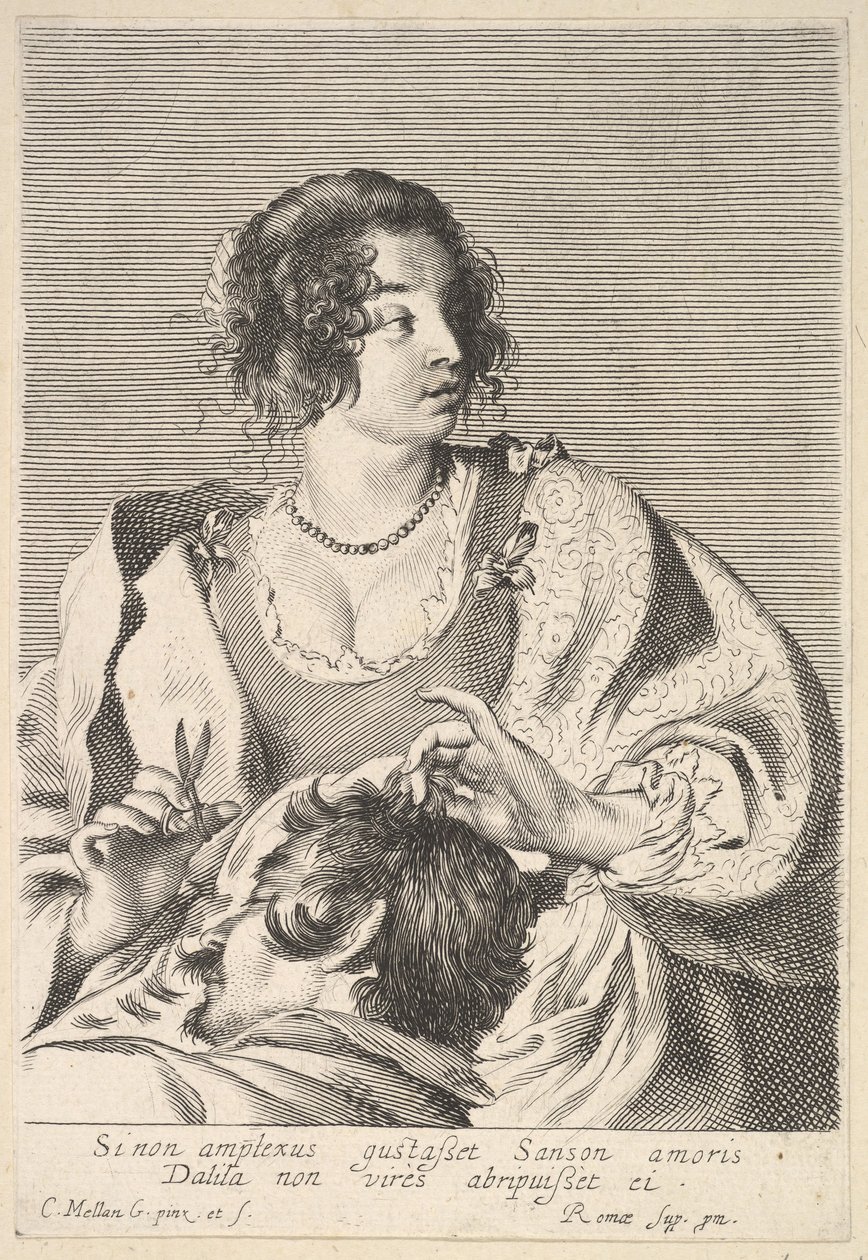 Delilah bereidt zich voor om Simsons haar te knippen met een schaar in haar rechterhand door Nicolas Viennot