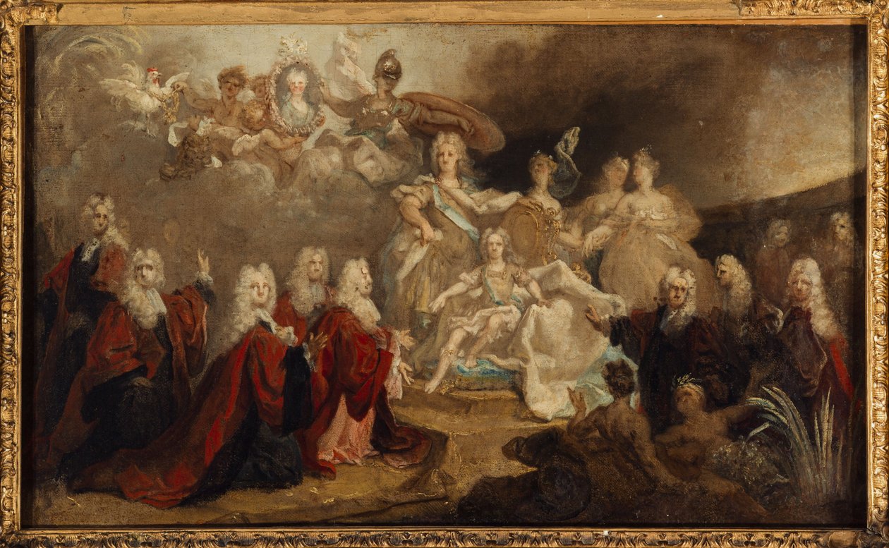 Allegorie van de verloving van Lodewijk XV met de Infanta Marie-Anne-Victoire van Spanje (1722) door Nicolas de (workshop) Largilliere
