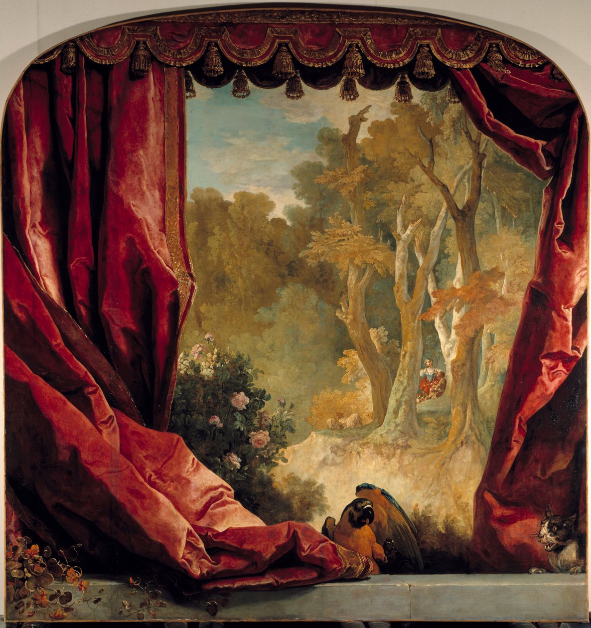 Decoratieve compositie met gordijnen, landschap en dieren door Nicolas de Largillière