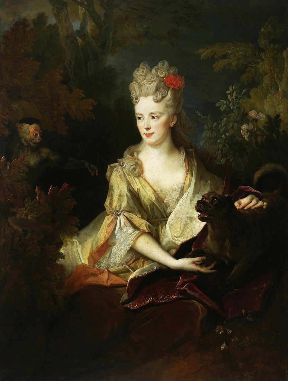 Portret van een dame met een hond en een aap door Nicolas de Largillière